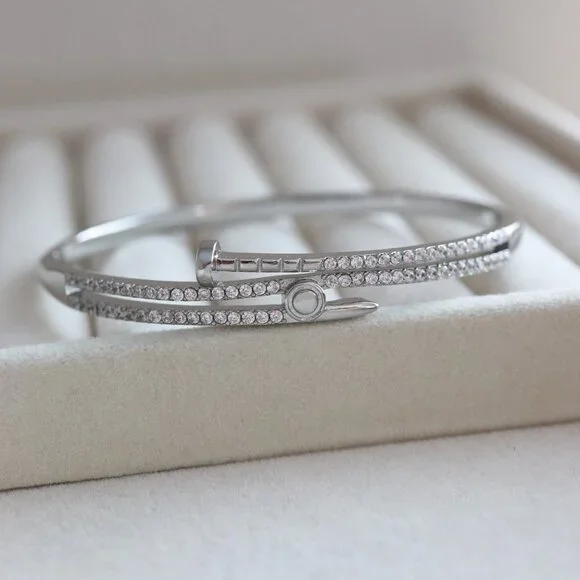 17cm 3 Layer Nail Style Design with CZ Bangle Bracelet - Picture 2 of 5